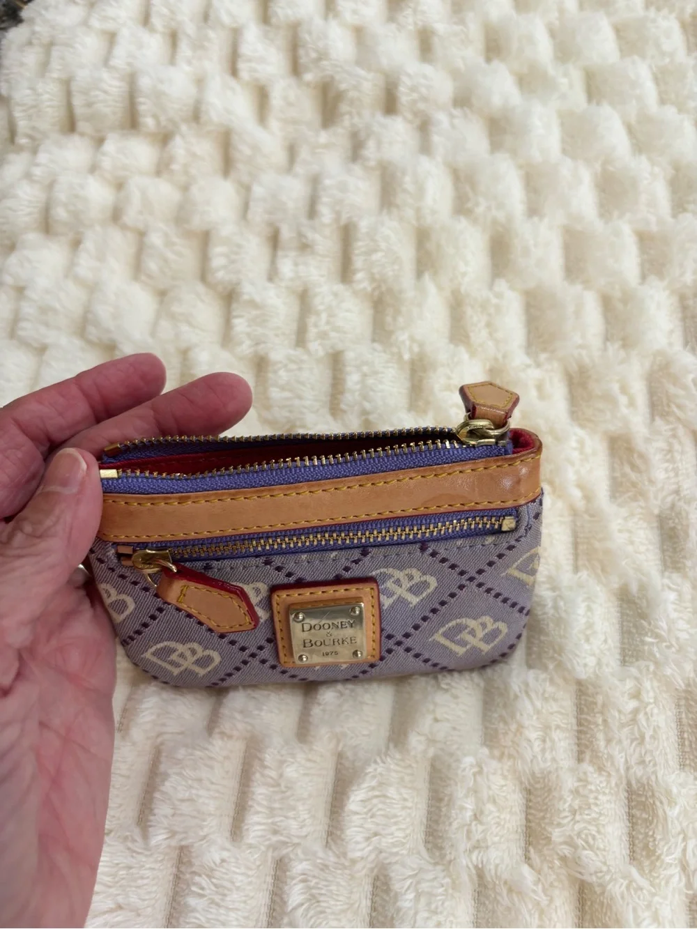 Dooney & Bourke Lavender Purple and Tan Key Card Holder with Gold Chain